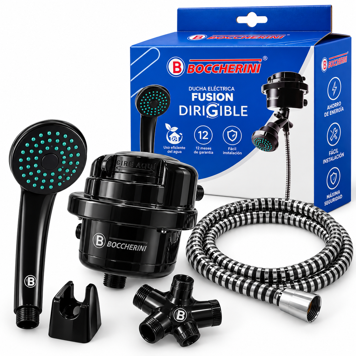 Ducha Eléctrica Boccherini 110 V Negra Con Regadera Y Manguera