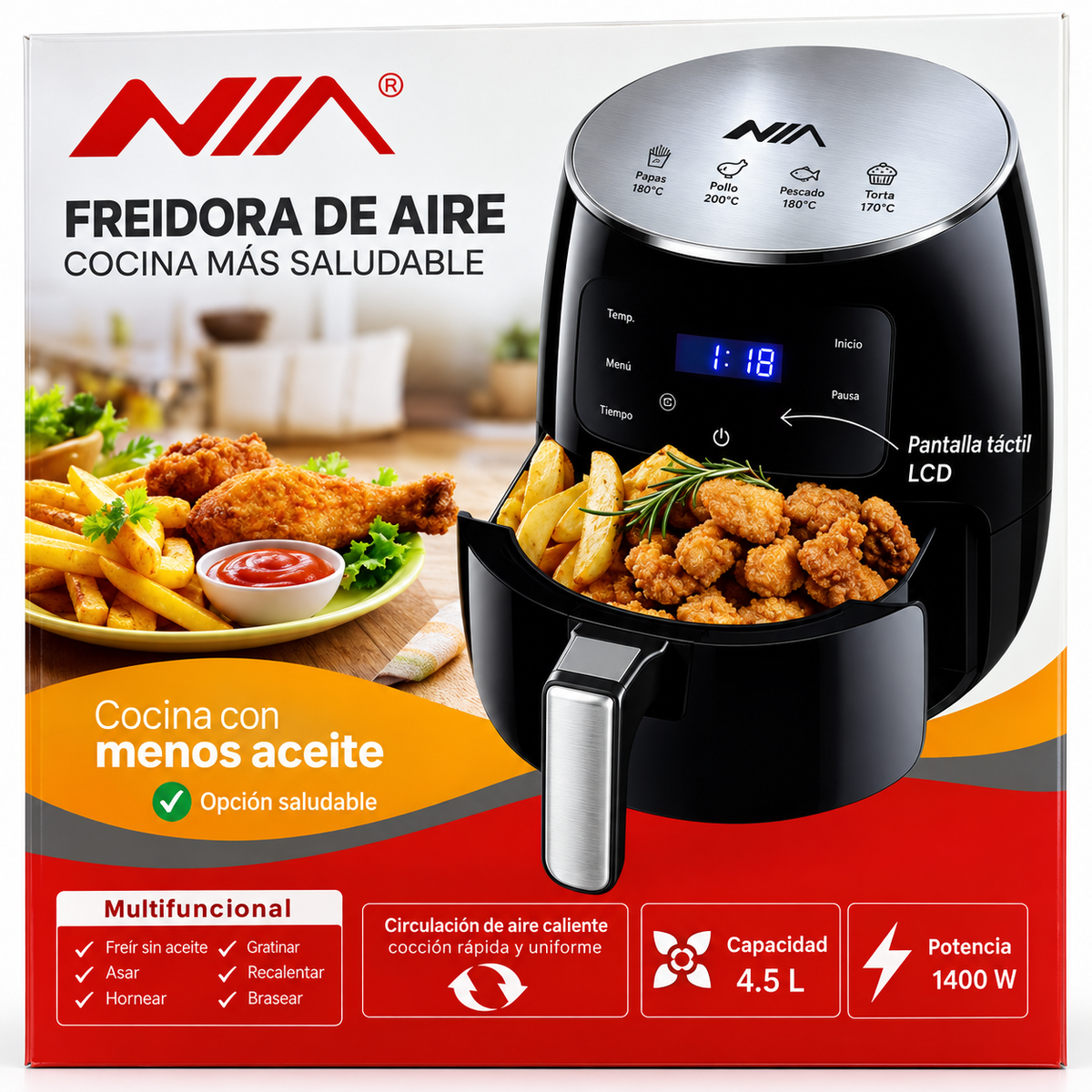 Freidora De Aire NIA AN-1389 Digital De 4,5 Litros