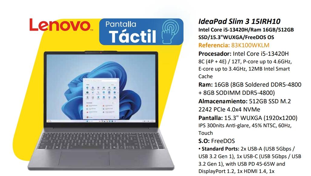 Computador Idepad Slim 3 15irh10 Pantalla Tactil