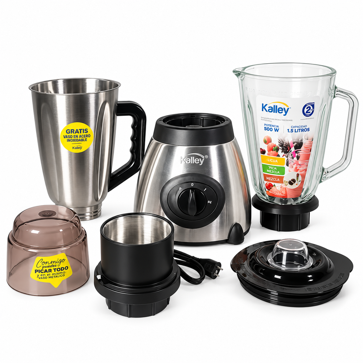 Licuadora Kalley K-B15MAV 500 W 1,5 L Con Vasos De Vidrio Y Acero