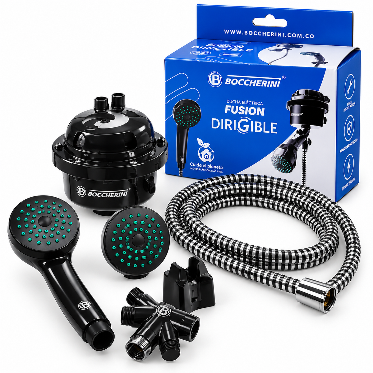 Ducha Eléctrica Boccherini 220 V Negra Con Regadera Y Manguera