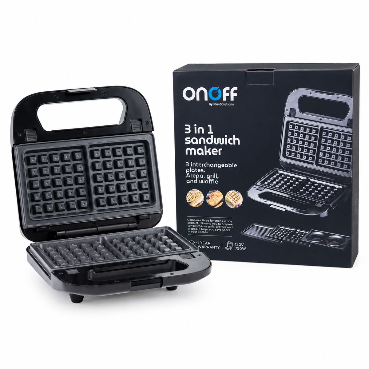 Sanduchera OnOff 3 en 1 con Placas Antiadherentes