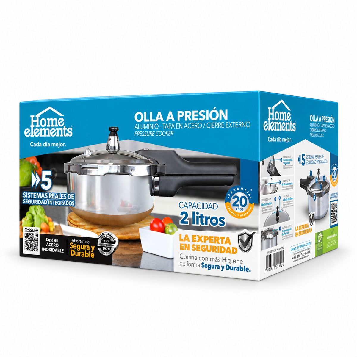 Olla A Presión Home Elements 2 L Con Tapa De Acero Y Cierre Externo