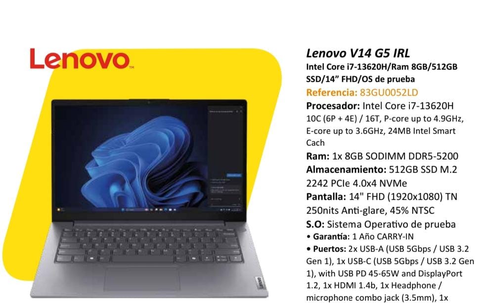 Portátil Lenovo V14 G5 IRL 13620H— 8 GB RAM / SSD 512 GB