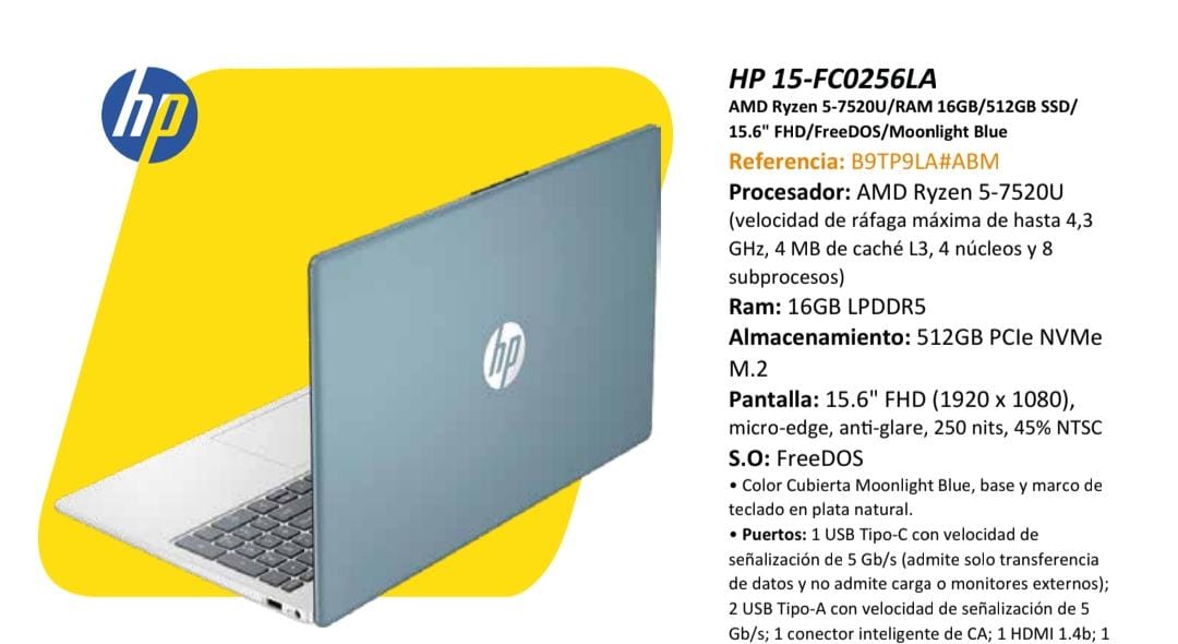 Portátil HP 15-FC0256LA — AMD Ryzen 5 7520U
