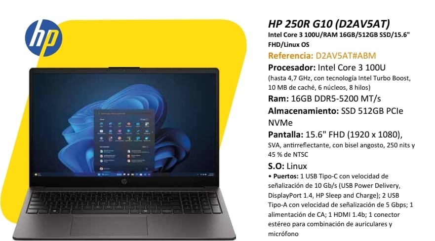 Portátil HP 250R G10 — Intel Core 3 100U (D2AV5AT)