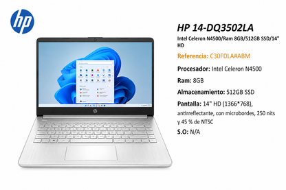 Portátil HP 14" Celeron N4500 8GB 512GB SSD