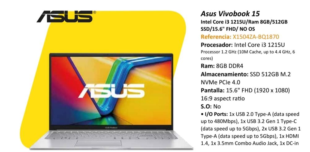 Portátil ASUS VivoBook 15 — Intel Core i3-1215U